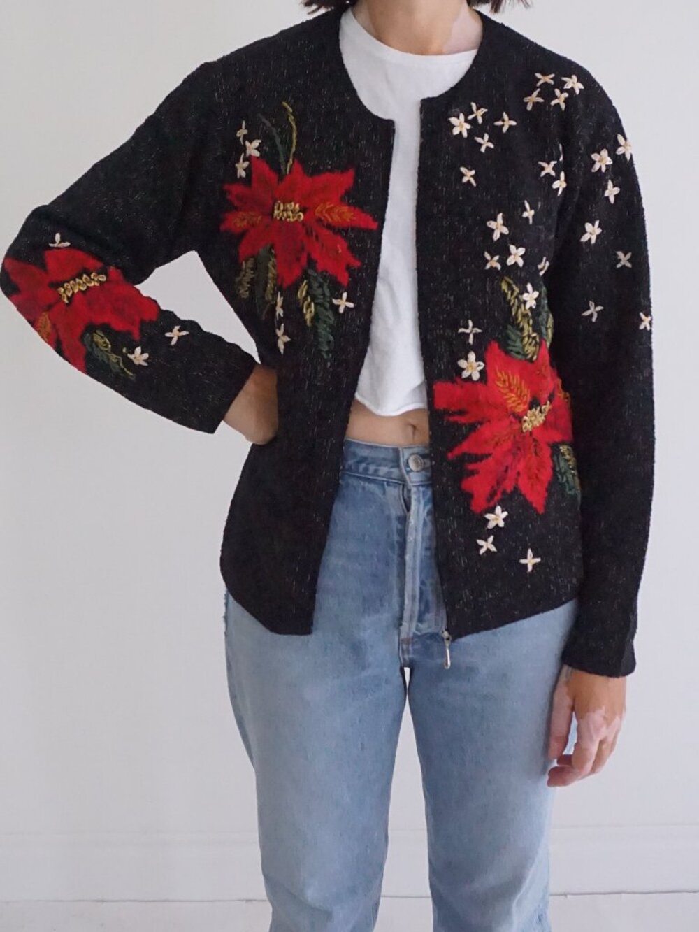 Vintage Talbots Black Red Poinsettia Floral Embroidered Christmas Cardigan M